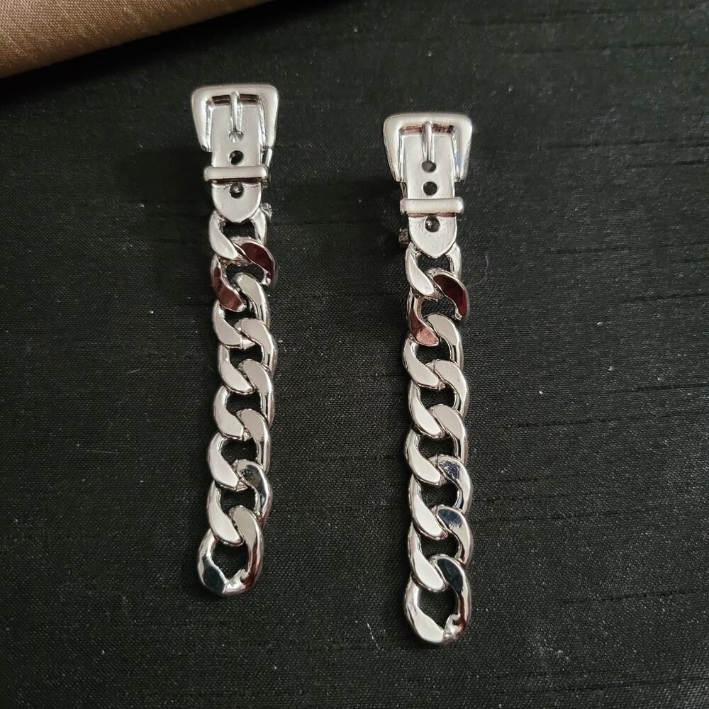 Chunky belt buckle silver tone post earrings